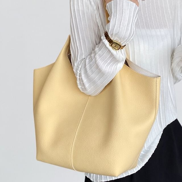 FAYLE-Set Faux Leather Plain Tote Bag Pouch