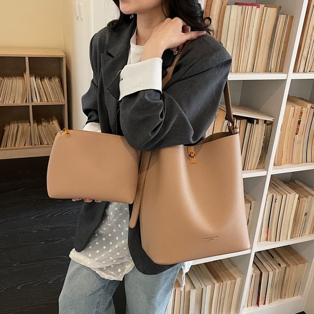 FAYLE-Set Plain Faux Leather Tote Bag Pouch