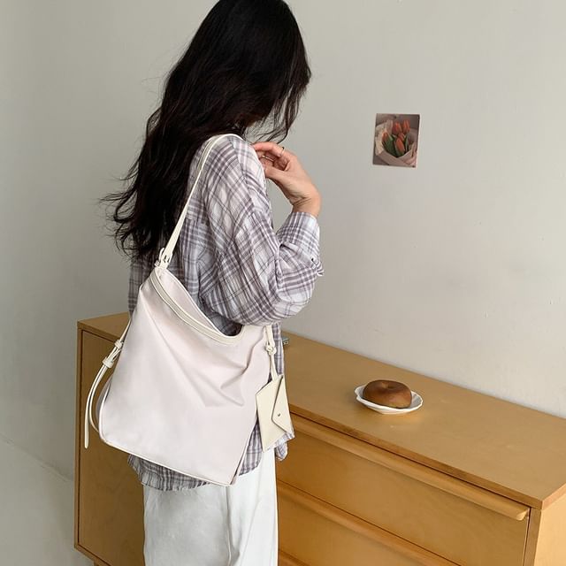 FAYLE-Set Plain Nylon Bucket Bag Coin Purse