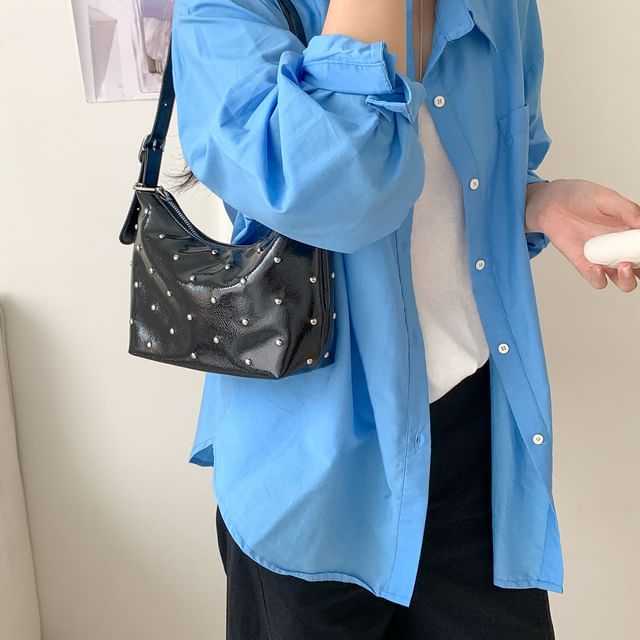 FAYLE-Studded Faux Leather Shoulder Bag