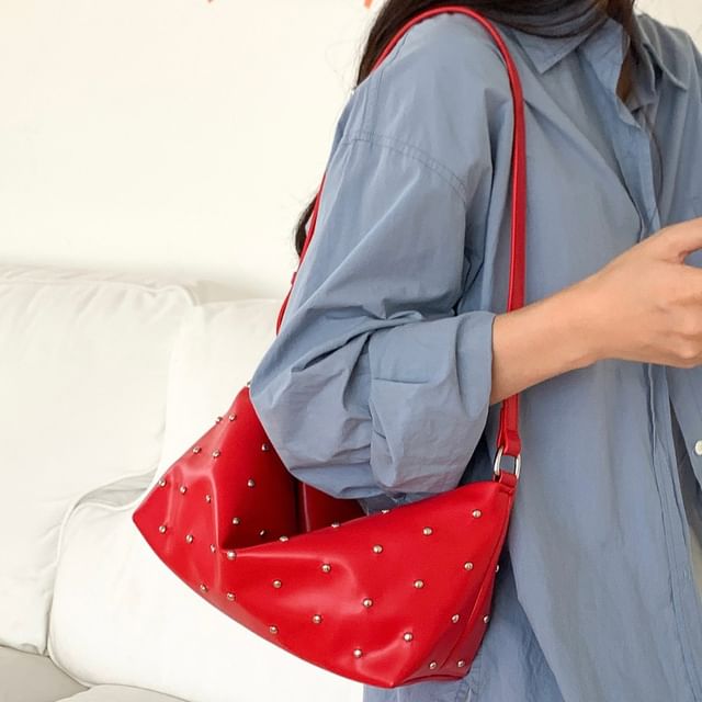 FAYLE-Studded Faux Leather Shoulder Bag