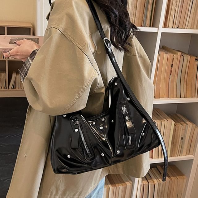 FAYLE-Studded Faux Leather Shoulder Bag