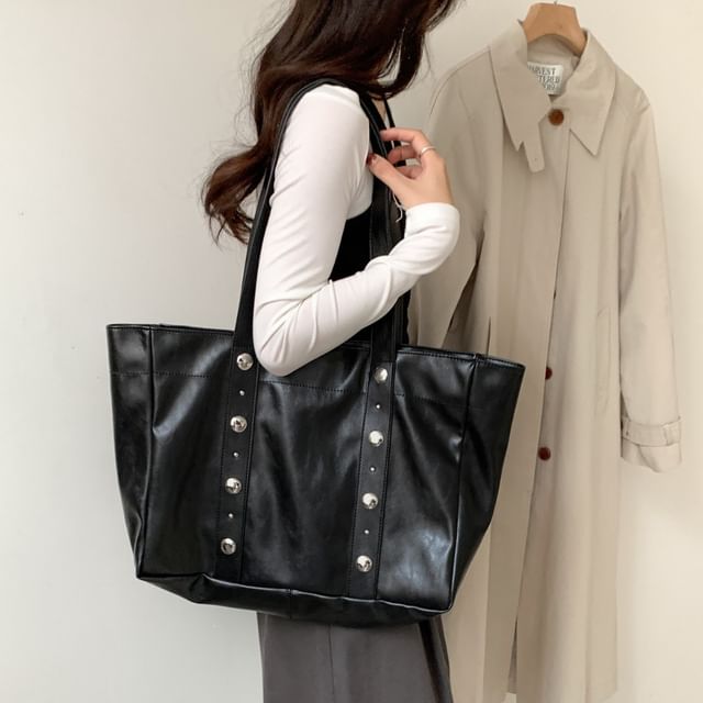 FAYLE-Studded Faux Leather Tote Bag