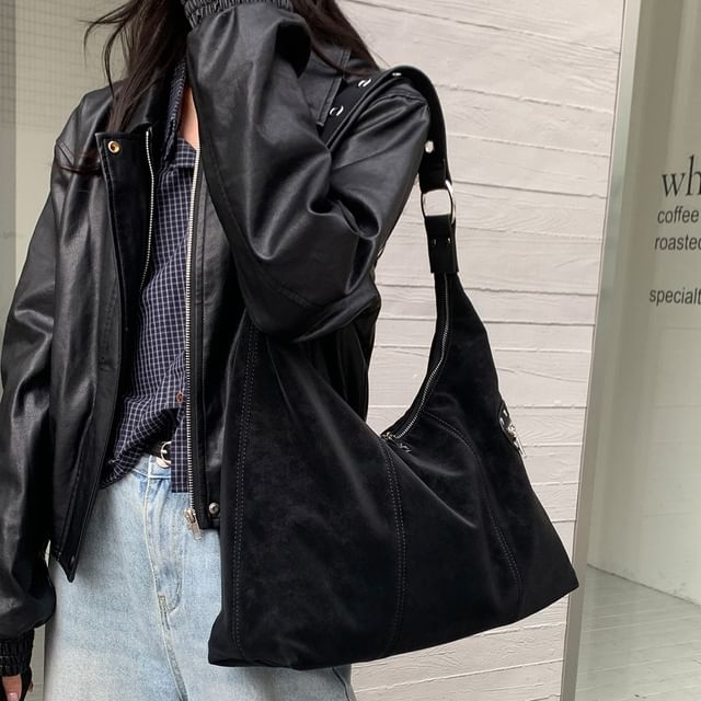 FAYLE-Studded Zip Panel Shoulder Bag