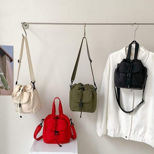 FAYLE-Top Handle Plain Drawstring Nylon Crossbody Bag