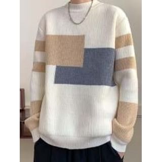 Femilina-Crew Neck Color Block Sweater