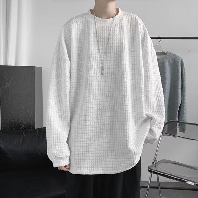 Femilina-Crew Neck Plain Quilted Oversized Sweatshirt