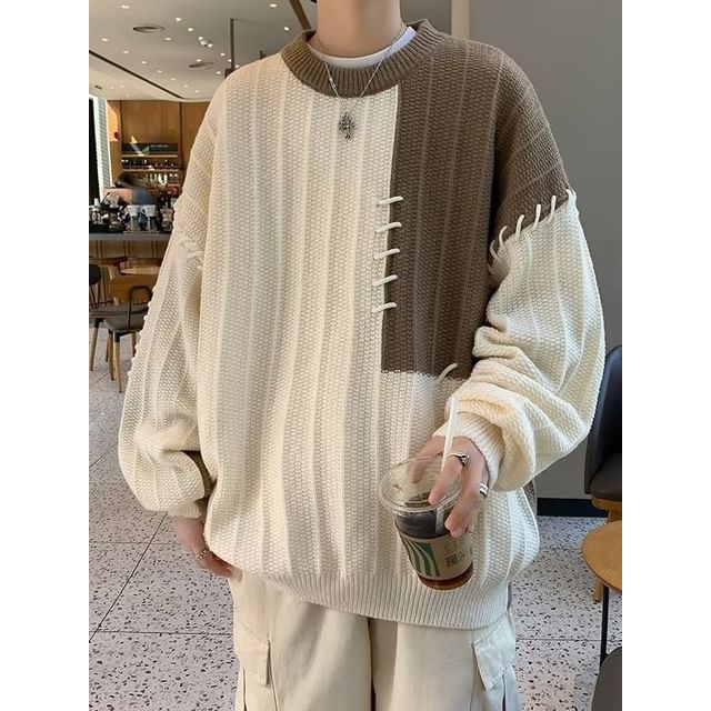 Femilina-Crew Neck Two Tone Panel Sweater