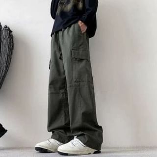 Femilina-Drawstring Waist Plain Straight Leg Cargo Pants