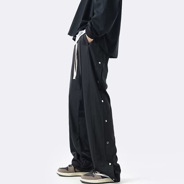 Femilina-Drawstring Waist Plain Straight Leg Sweatpants