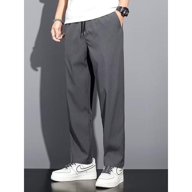 Femilina-Drawstring Waist Plain Tapered Sweatpants