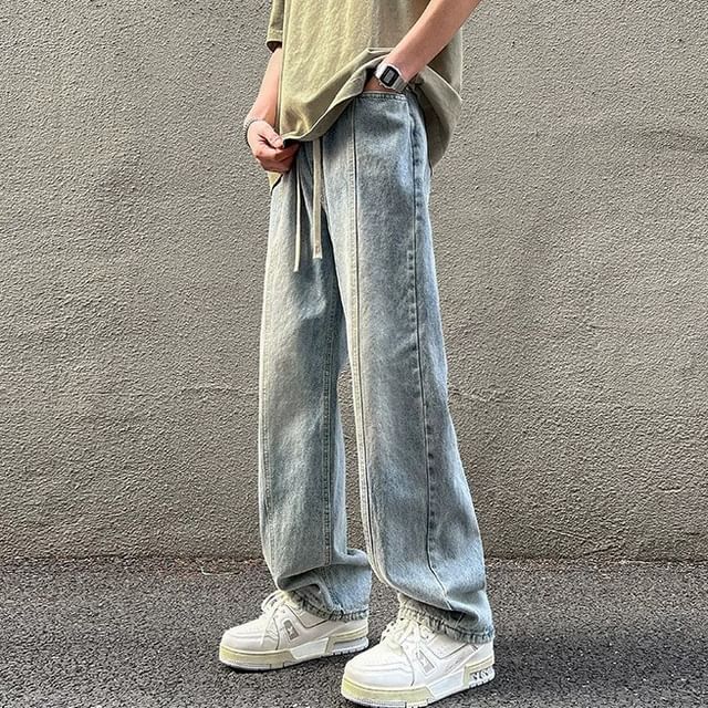Femilina-Drawstring Waist Washed Straight Leg Jeans