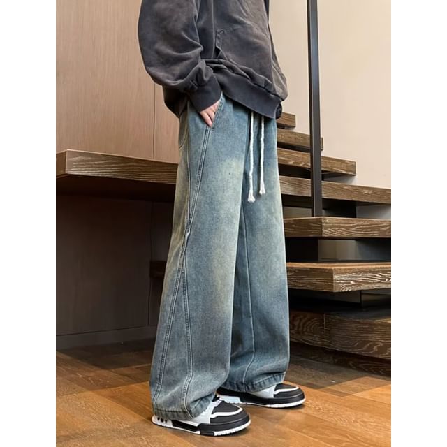 Femilina-Drawstring Waist Washed Wide Leg Jeans