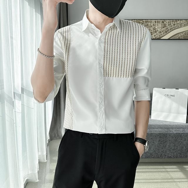 Femilina-Elbow Sleeve Collared Striped Shirt