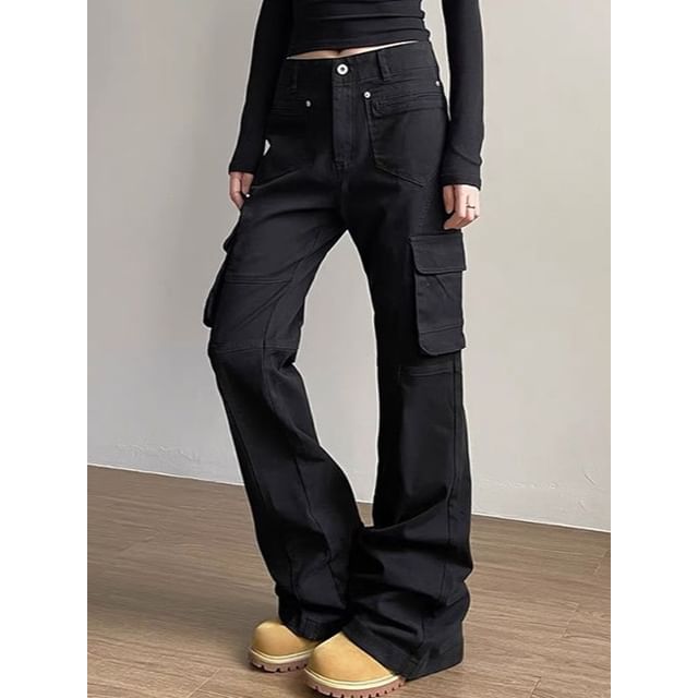 Femilina-High Waist Plain Flared Cargo Pants