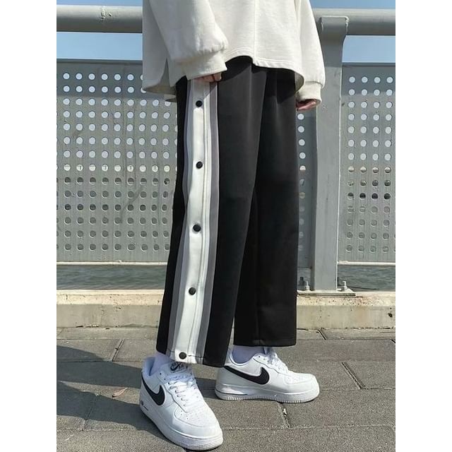 Femilina-Mid Waist Striped Panel Buttoned Side Wide Leg Sweatpants