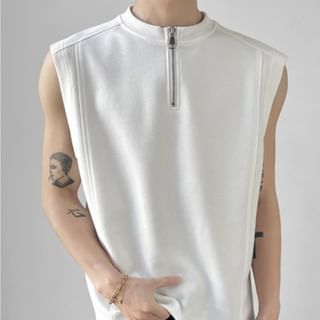 Femilina-Mock Neck Plain Panel Half Zip Tank Top