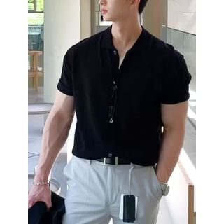 Femilina-Short-Sleeve Button-Up Plain Shirt