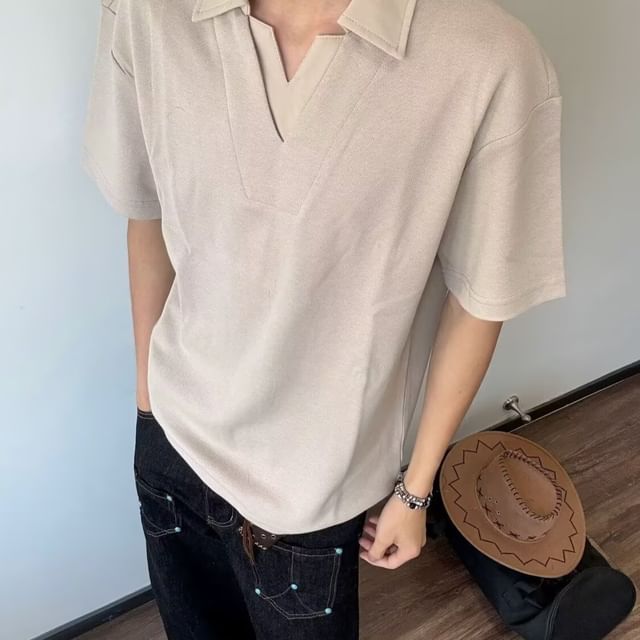 Femilina-Short Sleeve Collared Notch Neck Plain Panel Top