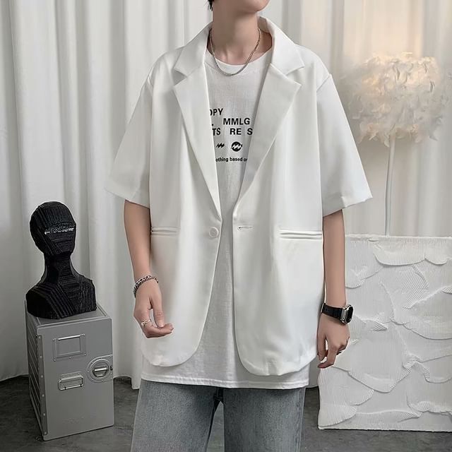 Femilina-Short-Sleeve Notch Lapel Plain Single-Button Blazer