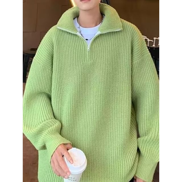 Femilina-Stand Collar Drop Shoulder Plain Oversized Sweater