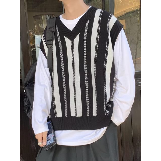 Femilina-V-Neck Striped Sweater Vest
