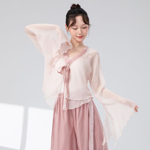 femmal-Bell-Sleeve Tie-Front Layered Mesh Dance Top