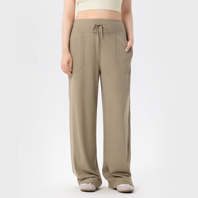 femmal-Drawstring Waist Plain Wide Leg Yoga Pants