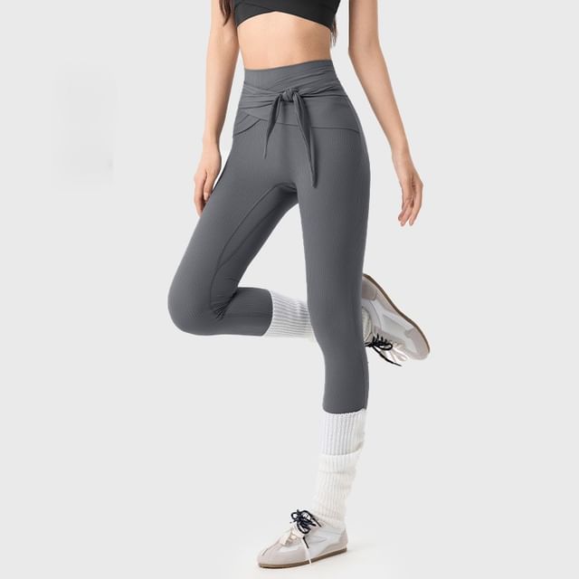 femmal-High Waist Plain Tie-Up Yoga Pants