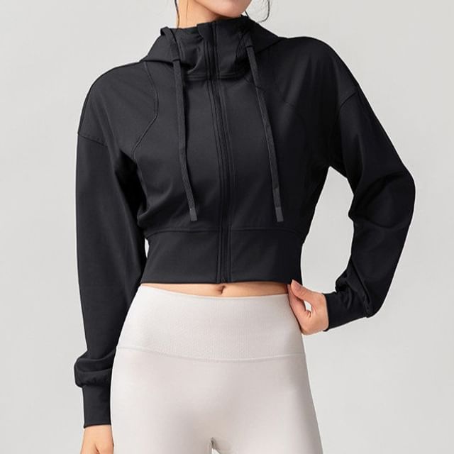 femmal-Hooded Zip-Up Plain Crop Sports Jacket