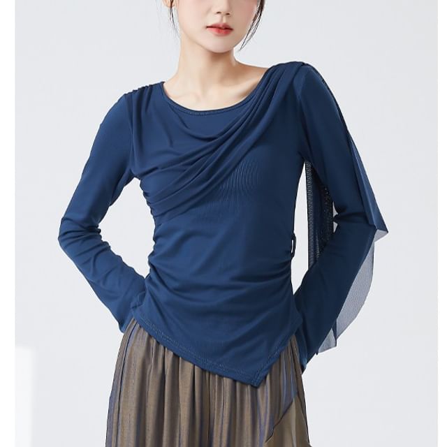 femmal-Long-Sleeve Crew Neck Plain Dance Crop Top