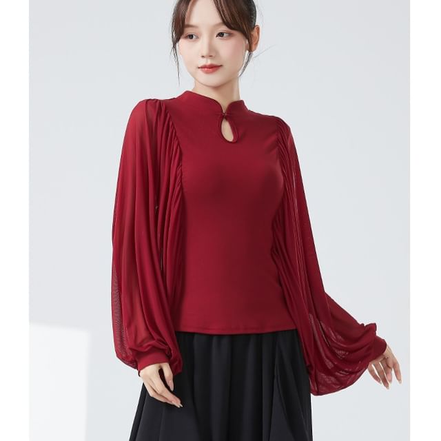 femmal-Long-Sleeve Keyhole Plain Dance Top