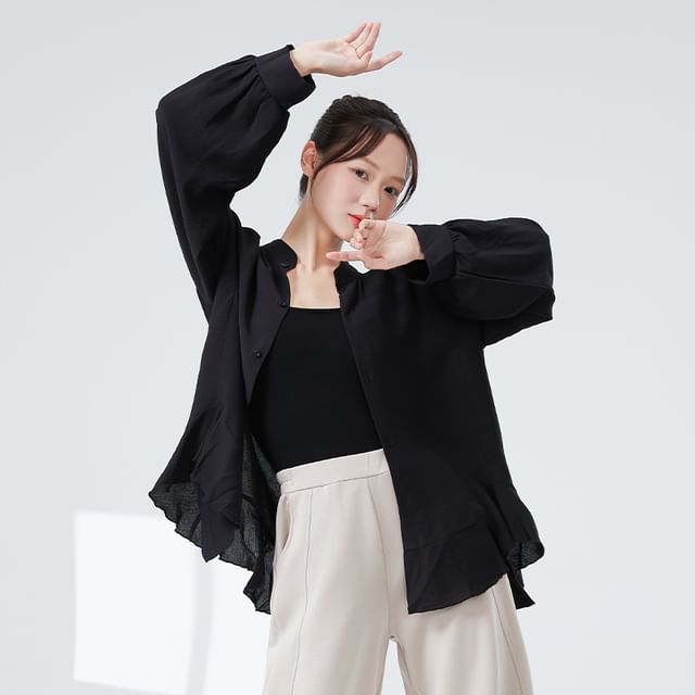 femmal-Long-Sleeve Lace Plain Dance Button Blouse