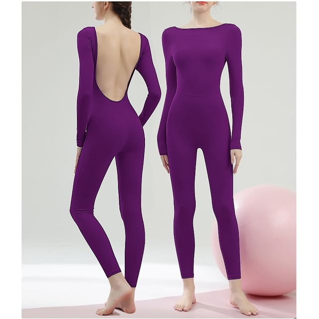 femmal-Long-Sleeve Plain Backless Jumpsuit