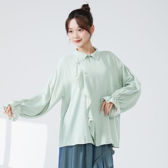 femmal-Long-Sleeve Plain Ruffle Asymmetrical Dance Top