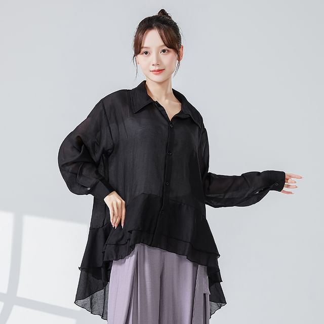 femmal-Long-Sleeve Plain Ruffle Asymmetrical Shirt