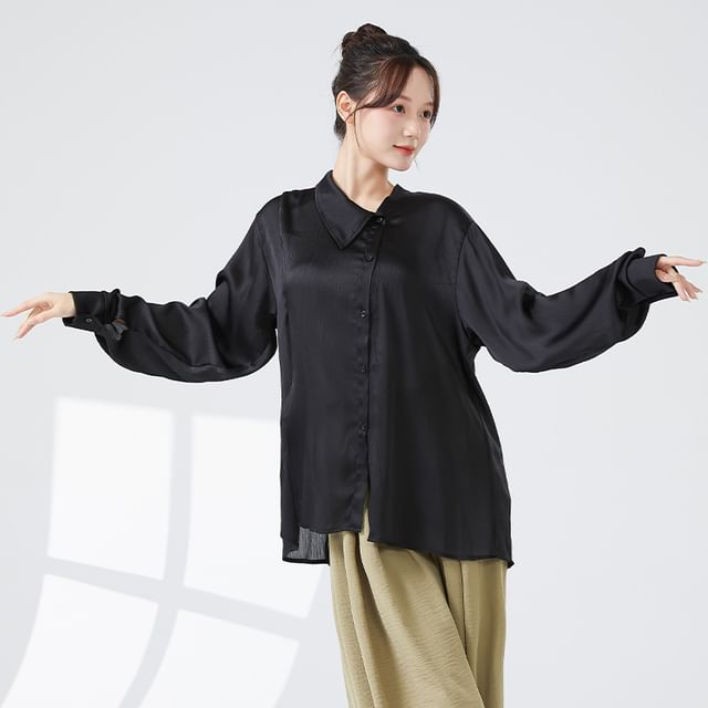 femmal-Long-Sleeve Plain Side-Slit Asymmetrical Shirt