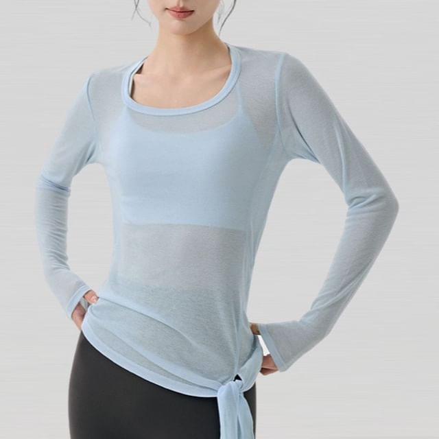 femmal-Long Sleeve Round Neck Plain Asymmetrical Tie-Up Tee
