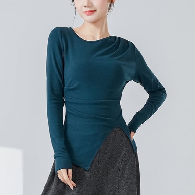femmal-Long-Sleeve Round Neck Plain Dance T-Shirt