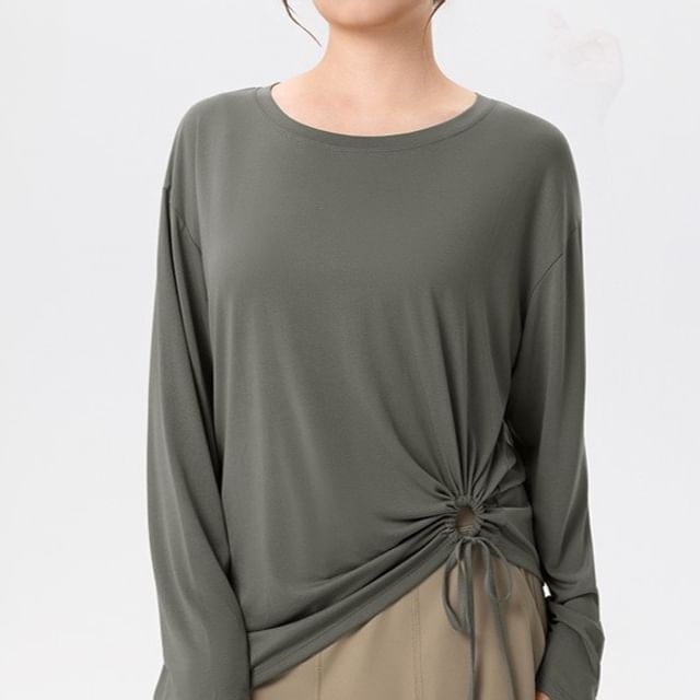 femmal-Long Sleeve Round Neck Plain Drawstring Yoga T-Shirt