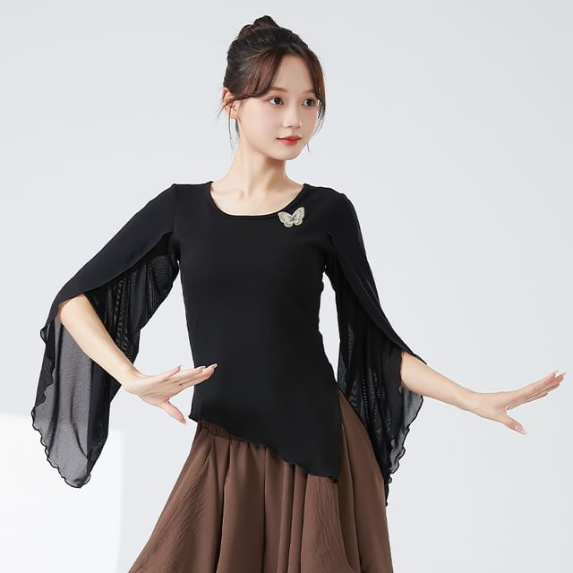 femmal-Long-Sleeve Round Neck Plain Ruffle Dance Top