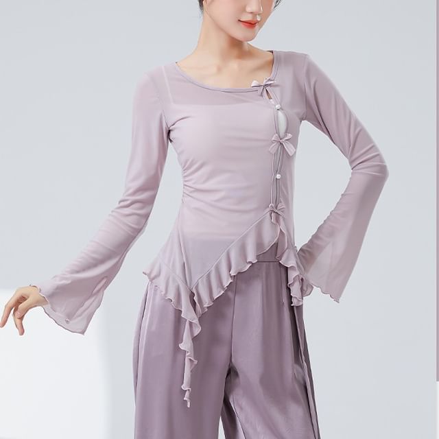 femmal-Long-Sleeve Round Neck Plain Ruffle Trim Dance Top
