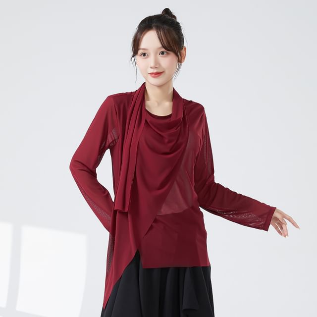 femmal-Long-Sleeve Round Neck Plain Side-Slit Asymmetrical Dance Top