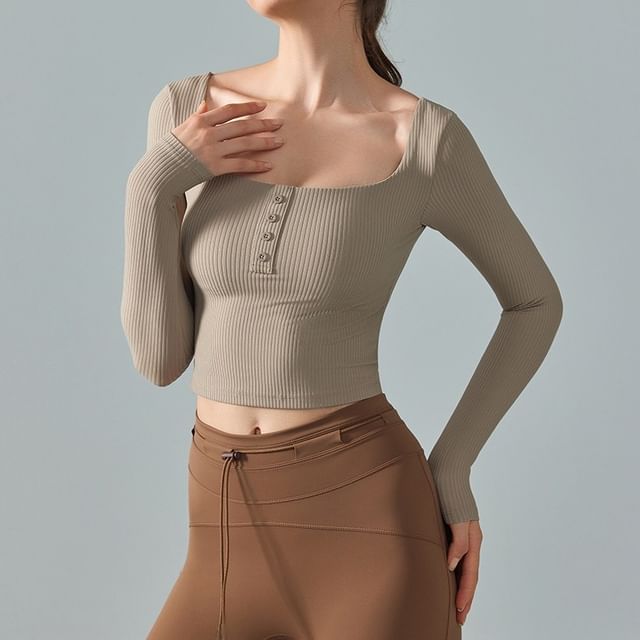 femmal-Long Sleeve Square Neck Plain Button Ribbed Crop Yoga Top