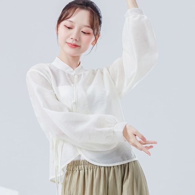 femmal-Long-Sleeve Stand Collar Plain Crop Top