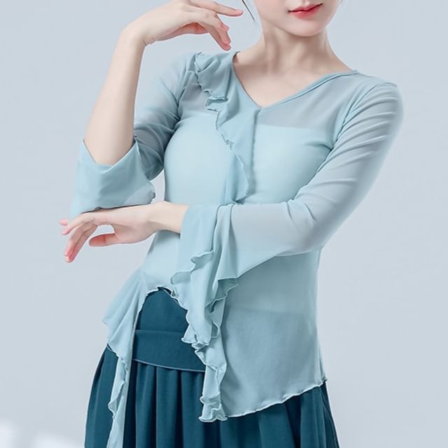 femmal-Long-Sleeve V-Neck Asymmetrical Plain Top