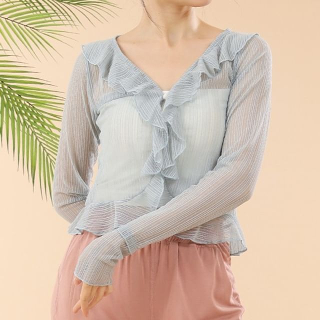 femmal-Long-Sleeve V-Neck Dance Ruffle Trim Top