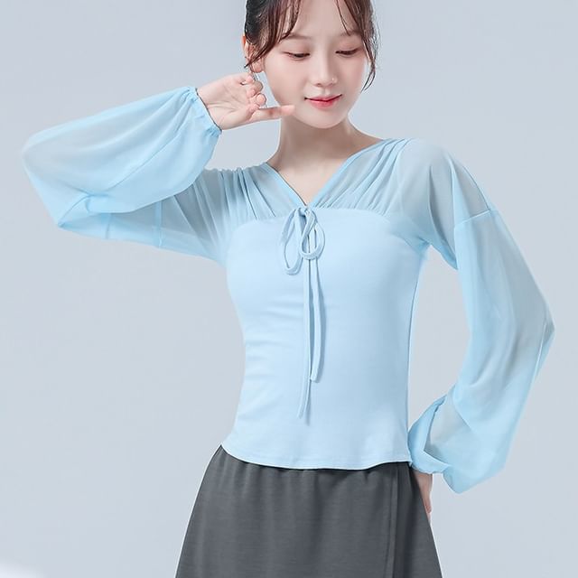 femmal-Long-Sleeve V-Neck Mesh Crop Top