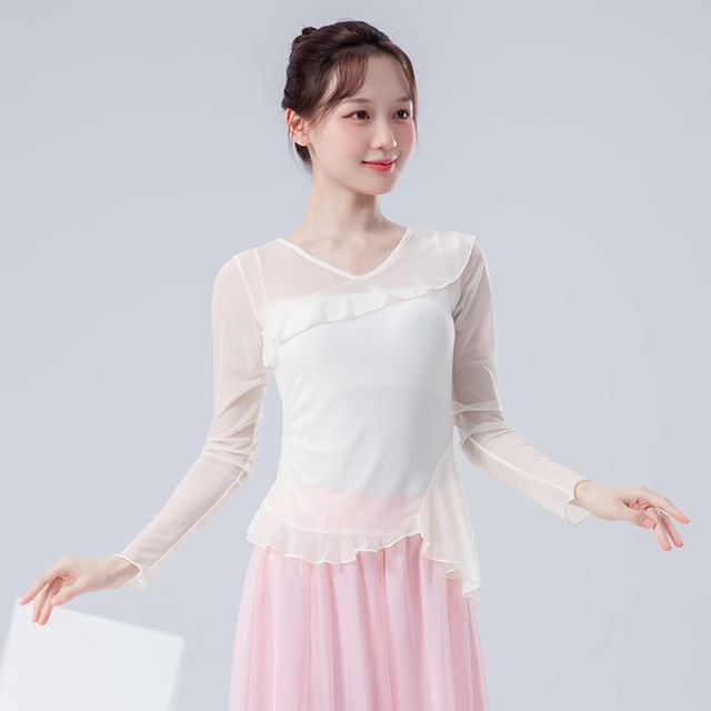 femmal-Long-Sleeve V-Neck Plain Asymmetrical Ruffled Dance Top