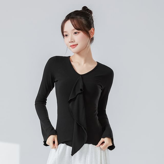 femmal-Long-Sleeve V-Neck Plain Ruffle Asymmetrical Dance Top